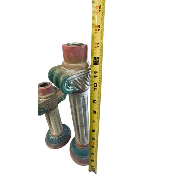 Vintage Pier 1 Pink Green Hand Painted Aztec Pillar Candlestick Holder‎ Pair 13" - Picture 8 of 12
